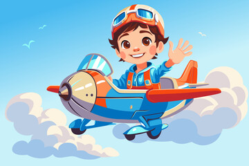 Cartoon kid pilot flying on toy airplane in sky with aviator goggles and happy smiling © Kavalenkava