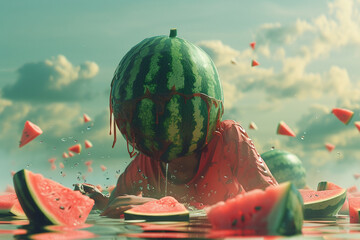 Imagine a scene where a human and watermelon merge into one being embodied in a 3D rendered image - obrazy, fototapety, plakaty