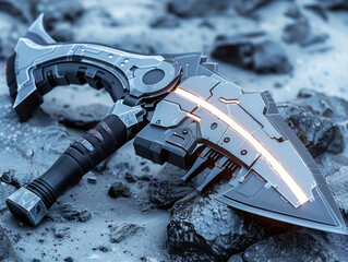 Impressive 3D scala render of an axe designed with futuristic high tech features