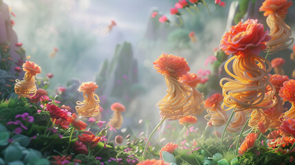 Fototapeta na wymiar Noodles taking the shape of beautiful flower petals in a surreal garden landscape