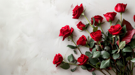 Red roses on white background. Flat lay, top view, copy space