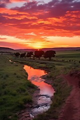 sunset river landscape nature sky red orange clouds trees water reflection