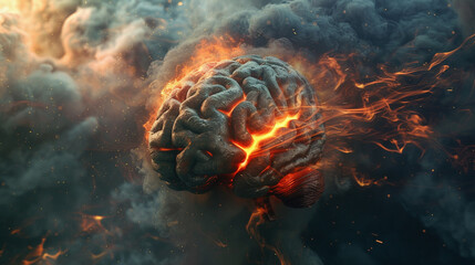 Stylized depiction of a human brain on fire amid smoky swirls in a 3D illustration - obrazy, fototapety, plakaty