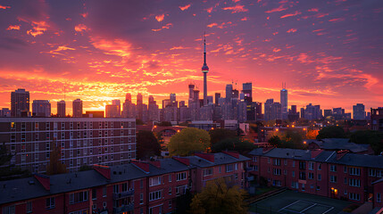 A contemporary loft, with an urban skyline as the background, during a vibrant sunset