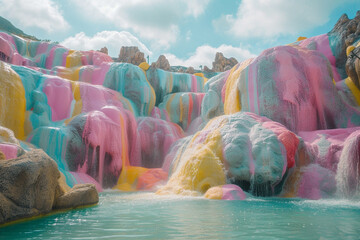 Unbelievable spectacle of a desert oasis replaced with rivulets of assorted ice cream flavors - obrazy, fototapety, plakaty