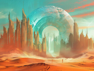 Uniquely illustrated a portal that pierces the horizon of a desert revealing an unexpected futuristic city