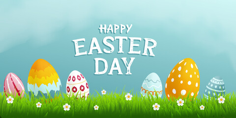 Realistic illustration of Happy Easter Day greetings with eggs and garden grass and flowers vector design