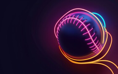 Multicolor neon light drawing, baseball isolated on black background.