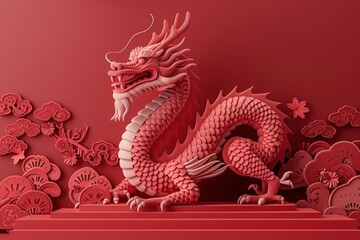An intricate digital illustration of a red dragon, depicted in a vibrant traditional Chinese art style, symbolizing power and good fortune.