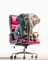 Adult Elephant Seated on Vibrant Pink Office Chair in White Studio Setting