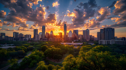 Obraz premium A contemporary loft, with an urban skyline as the background, during a vibrant sunset