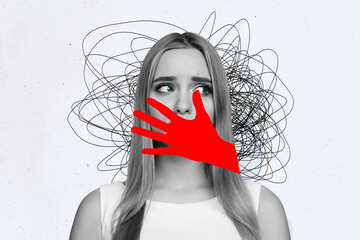 Composite collage image of red arm palm covering mouth mute frightened black white effect girl...