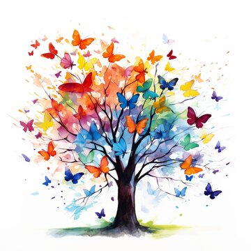 illustration of watercolor tree with butterfly leaves bright colors, Generative ai