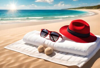 Fototapeta na wymiar a red hat, stylish sunglasses,