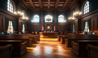 Elegant and traditional wooden courtroom interior with judge's bench, witness stand, and American flag symbolizing justice and legal proceedings - obrazy, fototapety, plakaty