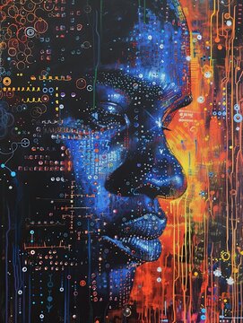 This image presents an intricately detailed abstract portrait that merges a side profile of a human face with a myriad of cosmic and technological motifs. The artwork is rich in color, predominantly f