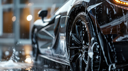 Professional car wash featuring a black sports car being shampooed, captured in a close-up shot