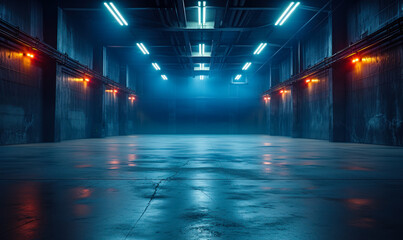 Mysterious empty warehouse interior with dim lighting and fluorescent lamps highlighting the spacious industrial atmosphere and dark, grungy walls - obrazy, fototapety, plakaty