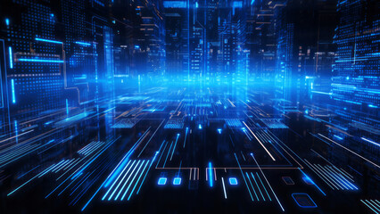 Fototapeta premium Digital matrix of blue lines and nodes suggests high speed data transfer. Futuristic network technology concept