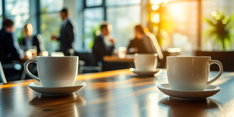Close-up of coffee cups on a conference room table with blurred business professionals engaging in discussions in a bright corporate office environment - obrazy, fototapety, plakaty