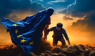 An allegorical depiction of a farmer pushing against a superhero cloaked in the European Union flag, representing the struggle of agriculture against political power - obrazy, fototapety, plakaty
