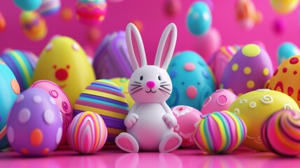 Fototapeta na wymiar crazy easter background, 3d kawai style, fluo colors, eggs, bunnies