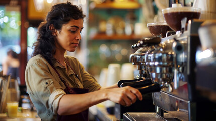 Skilled Hispanic Barista Preparing Espresso in Cafe

