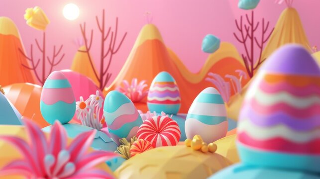 crazy easter background, 3d kawai style, fluo colors, eggs, bunnies