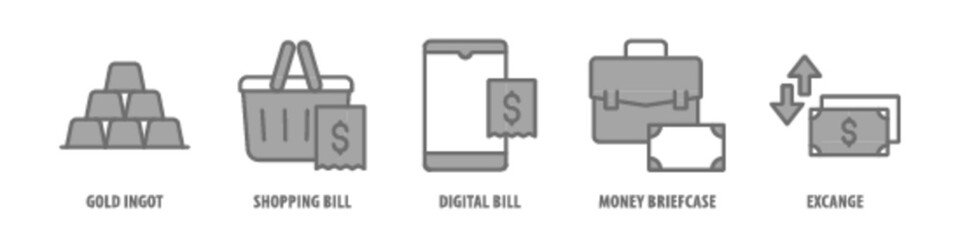 Exchange, Money Briefcase, Digital Bill, Shopping Bill, Gold Ingot editable stroke outline icons set isolated on white background flat vector illustration.