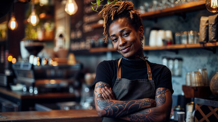 Smiling Tattooed Barista in Cafe Environment, black woman