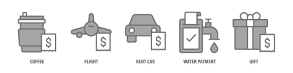 Gift, Water Payment, Rent Car, Flight, Coffee editable stroke outline icons set isolated on white background flat vector illustration.