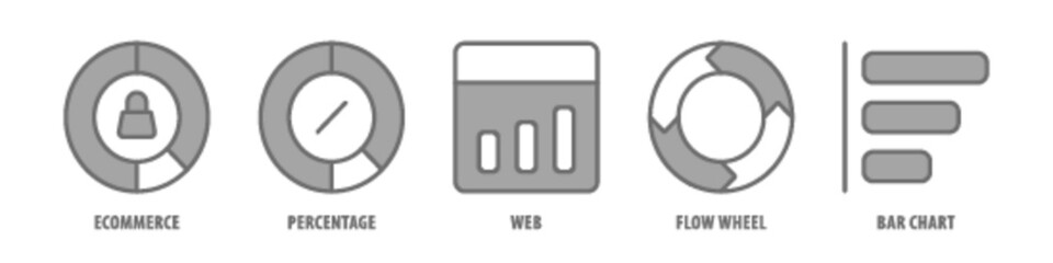 Bar Chart, Flow wheel, Web percentage, E-commerce editable stroke outline icons set isolated on white background flat vector illustration.