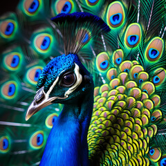 Close-up of a peacocks vibrant feathers. 