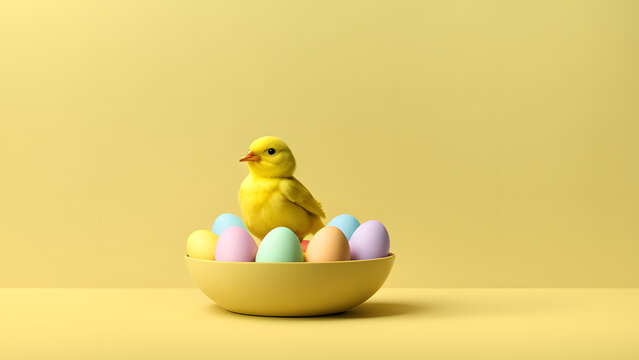 3D chick on a yellow bowl with Easter eggs. Minimalist easter day template with yellow background.