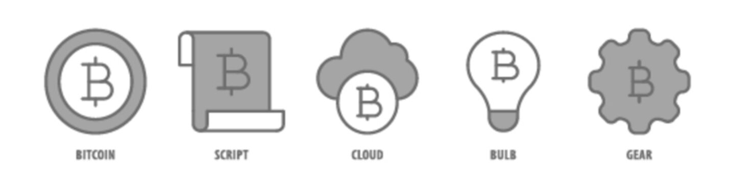 Gear, Bulb, Cloud, Script, Bitcoin editable stroke outline icons set isolated on white background flat vector illustration.