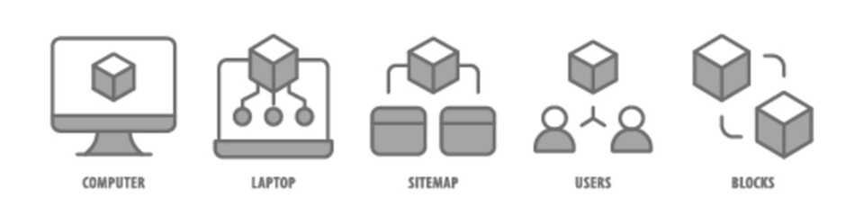 Blocks, Users, Sitemap, Laptop, Computer editable stroke outline icons set isolated on white background flat vector illustration.