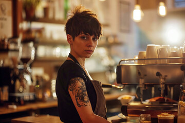 Stylish Female Barista with Tattoos in Vintage Cafe. A stylish female barista with short hair and distinctive tattoos creates an inviting atmosphere in a vintage coffee shop setting.
