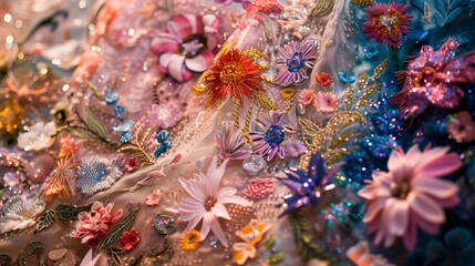 Fototapeta na wymiar This image captures the rich texture and vibrant colors of an elaborate floral embroidery design on fabric, featuring a variety of flowers in full bloom with accents of beads and sequins that provide 