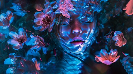 A serene and somewhat surreal image capturing a person's face gently submerged in dark, rippling water surrounded by vibrant pink and blue flowers, with the play of light creating an ethereal and drea