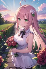 jeune femme en robe sans manche tenant un bouquet de fleurs