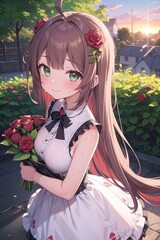 jeune femme en robe sans manche tenant un bouquet de fleurs