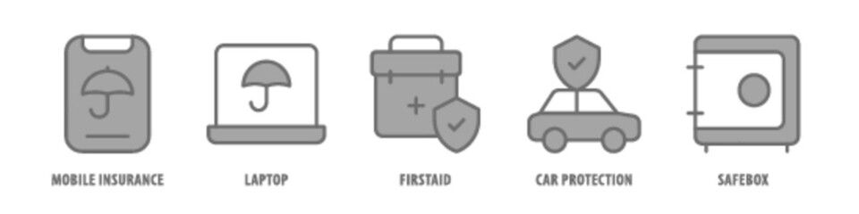Safebox, Car protection, First aid, Laptop, Mobile insurance editable stroke outline icons set isolated on white background flat vector illustration.