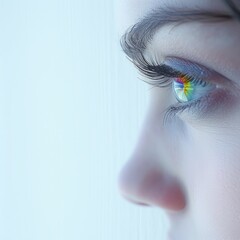 Fototapeta premium girl looking out the window with her eyes reflecting the rainbow