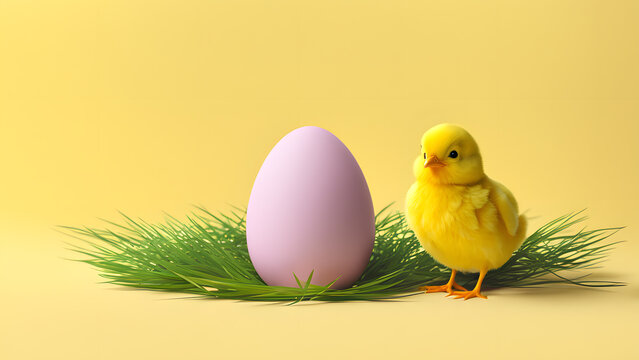 3D a yellow chick waiting for easter eggs on the green grass. Minimalist easter day template with yellow background.