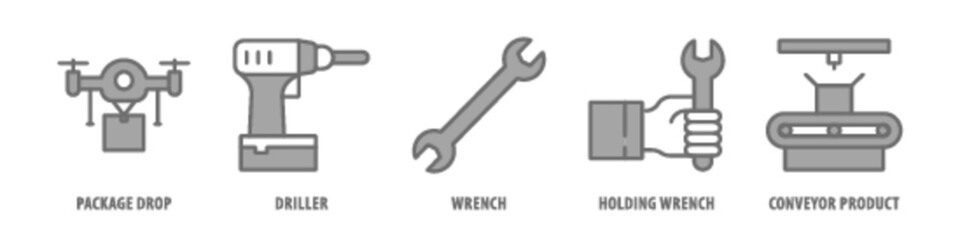 Conveyor Product, Holding, Wrench, Wrench, Driller Package Drop editable stroke outline icons set isolated on white background flat vector illustration.