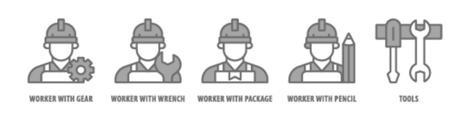 Tools, Worker with pencil, Worker with package, Worker with wrench, Worker with gear editable stroke outline icons set isolated on white background flat vector illustration.