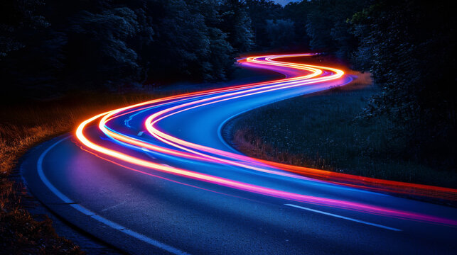 Light traces from a car paint a mesmerizing pattern on a winding bend in the road, capturing the dynamic movement and fluidity of the vehicle's journey through the scenic route.