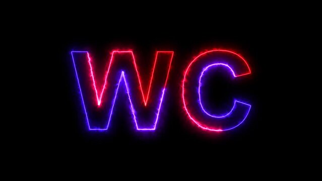 WC, Toilet, Restroom Neon Text Lone Glowing on Dark Brick Wall with Night Light and Flash Animation. Bright Toilet Sign Outline Lighting in 4K.