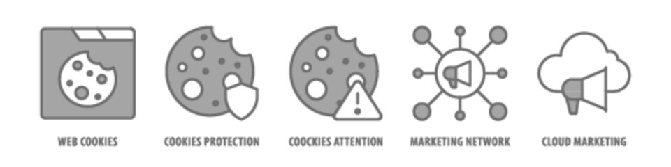 Cloud Marketing, Marketing Network, Cookies Attention, Cookies Protection, Web Cookies editable stroke outline icons set isolated on white background flat vector illustration.