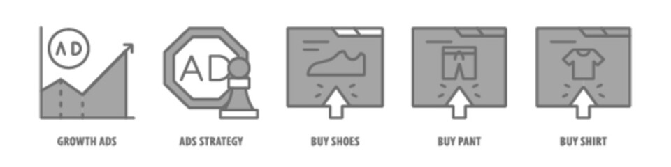Buy Shirt, Buy Pant, Buy shoes, Ads Strategy, Growth Ads editable stroke outline icons set isolated on white background flat vector illustration.